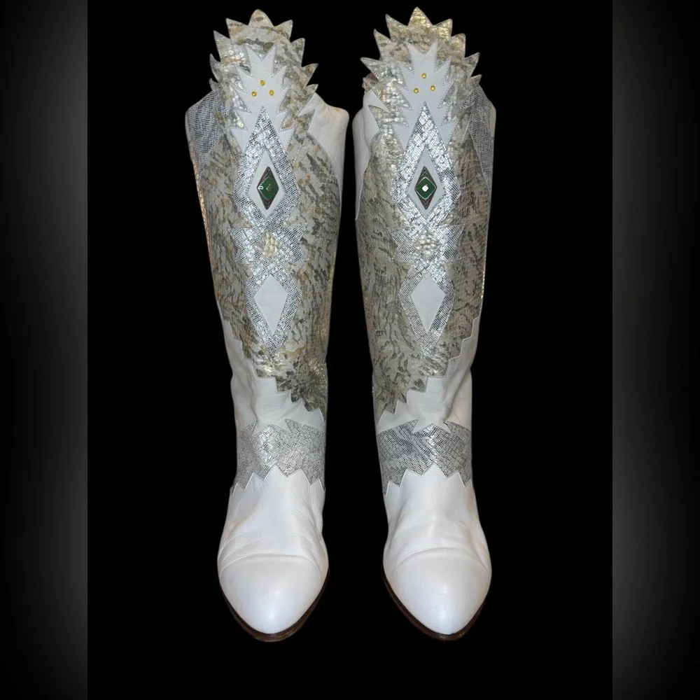 🌟 RARE Vintage Neiman Marcus White Western Tall Leather Boots Metallic sz 37.5 🌟 - Picture 4 of 13